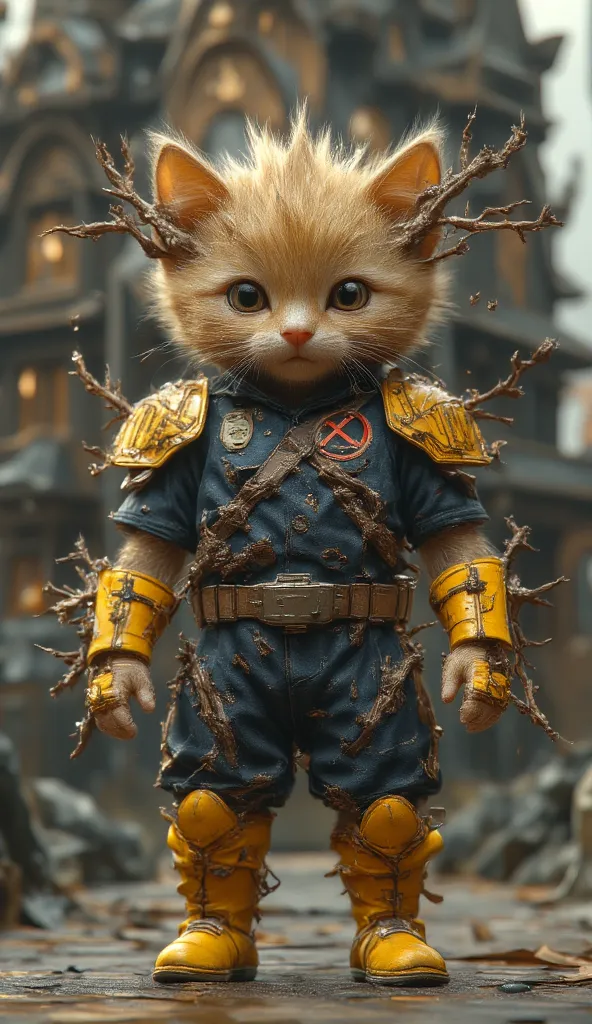 A baby anthropomorphic brown color kitten, with short spiky blonde hair on the top of his head, wearing a tight dark blue uniform covering the entire body, featuring reinforced yellow shoulder pads, short sleeves with yellow cuffs, and high yellow boots re...