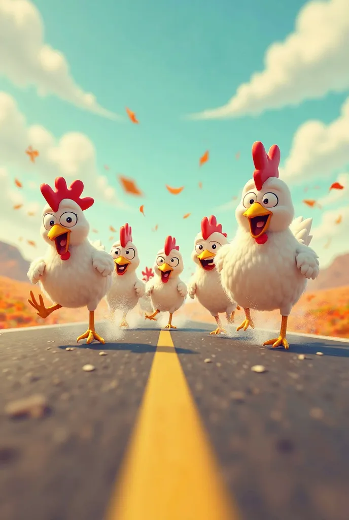 They are animated chickens running on a bottomless road 