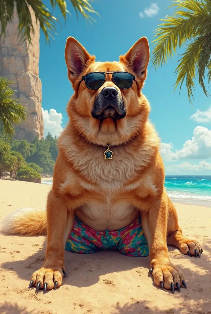 A big dog on the beach wearing dark glasses is wearing colorful, shirtless shorts, realistic style. 