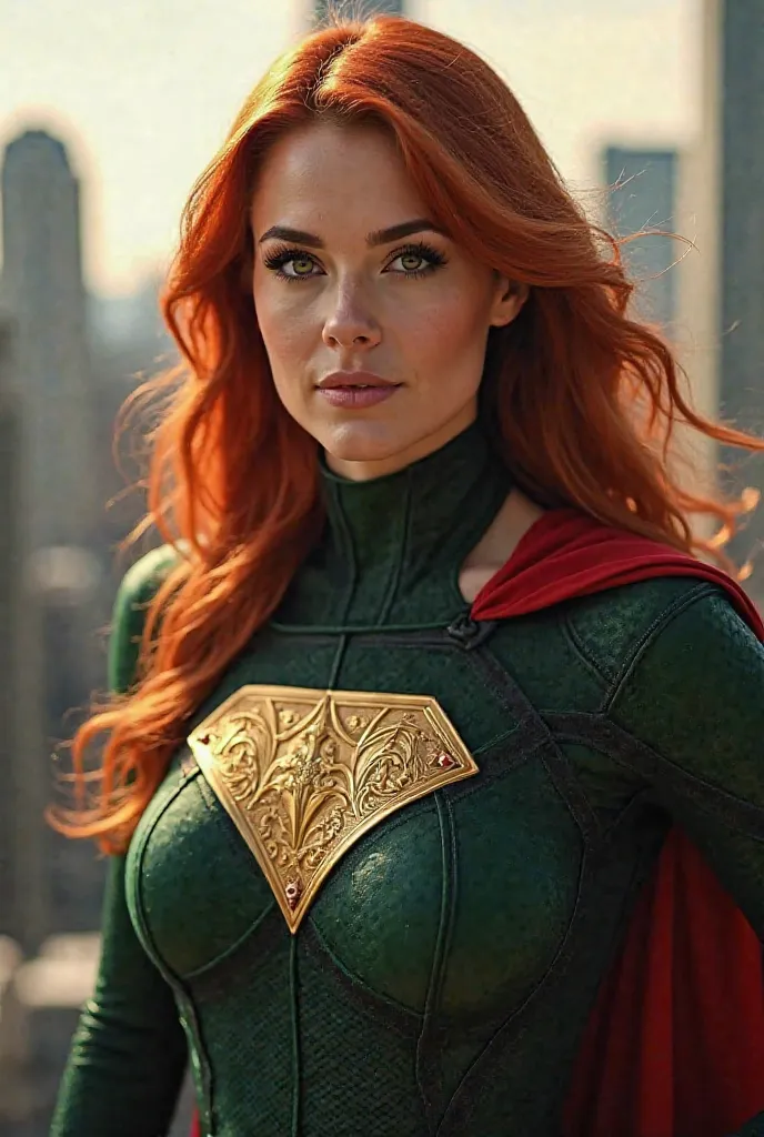 

*Image 2:*
"A close-up portrait of a female superhero with long fiery red hair, wearing a tight green and black superhero suit. The suit has a golden chest symbol resembling a shield with intricate details. The red flowing cape is draped elegantly around...