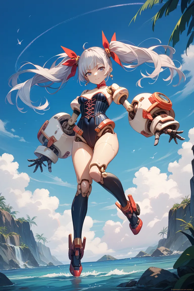   mechanical bodysuit, Mecha Corset、 Silver Hair、Twin Tails、 player list、Doll joints、skin visible on arms、I can see skin on my legs I can see skin around my navel、full body
 