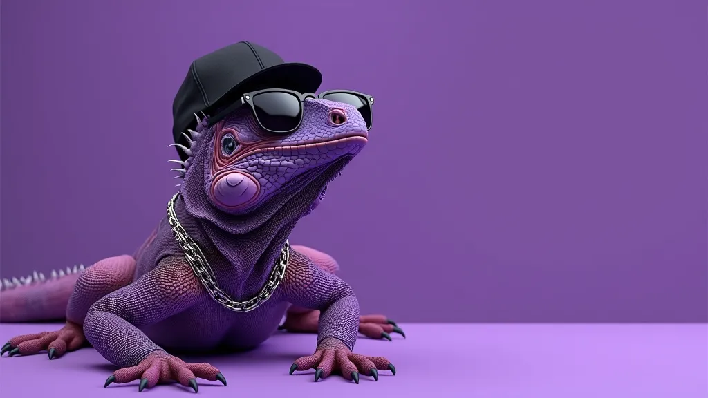 A super realistic purple iguana, with a black cap on his head, rapper-style silver chains around her neck and elegant black sunglasses on her eyes. The iguana is in the lower center of the image, with space at the top. The background of the image is purple...