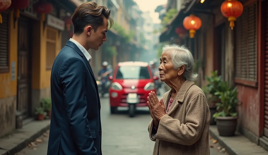 A stylish young man in a navy-blue tailored suit stands on a narrow, rustic Vietnamese street, facing an elderly woman with weathered features and worn-out clothing. The woman clasps her hands in a gesture of gratitude or supplication, while a vibrant red ...