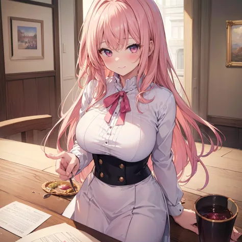 (((best quality, masterpiece, highres, High detail))), Mature Woman, smile, blush, onee-san, ultra big breasts on table, 1girl, solo, pink blond hair