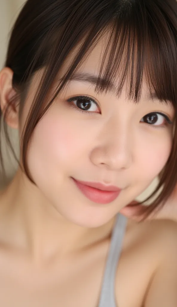  beautiful Japanese woman's face close-up,   Gold、short hair、 Tilt Your Head Forward  ,  Seated posture with legs bent ,  hotel rooms on top of two  , ecstatic smile and excited expression, wink、  beautiful eyes and lips , real skin,  beautiful and detaile...