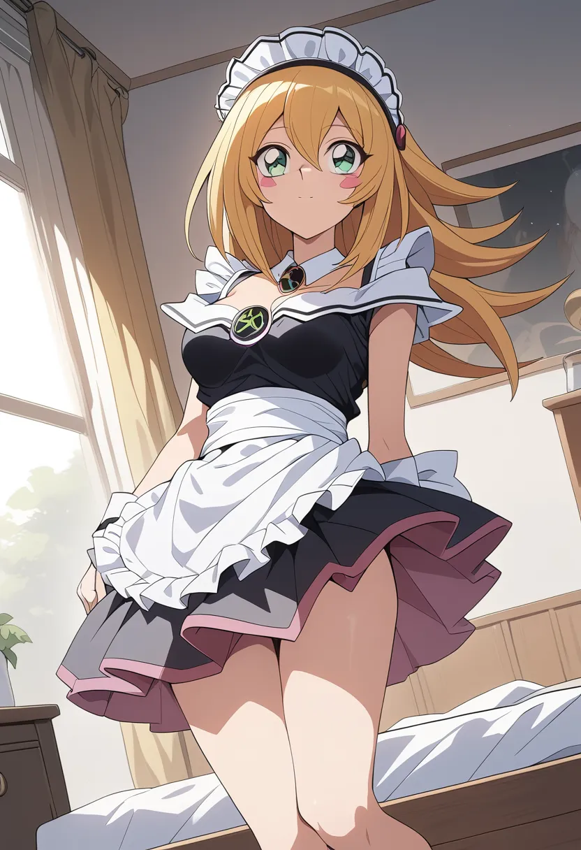 a girl,  bad magic,blond hair,  green eyes , long hair, medium breasts,blush stickers,maid,maid headdress, maid apron,
Dutch angle,  feet out of frame , looking the other way, provocative smile, bedroom, mouth shut,
masterpiece, best quality photo,