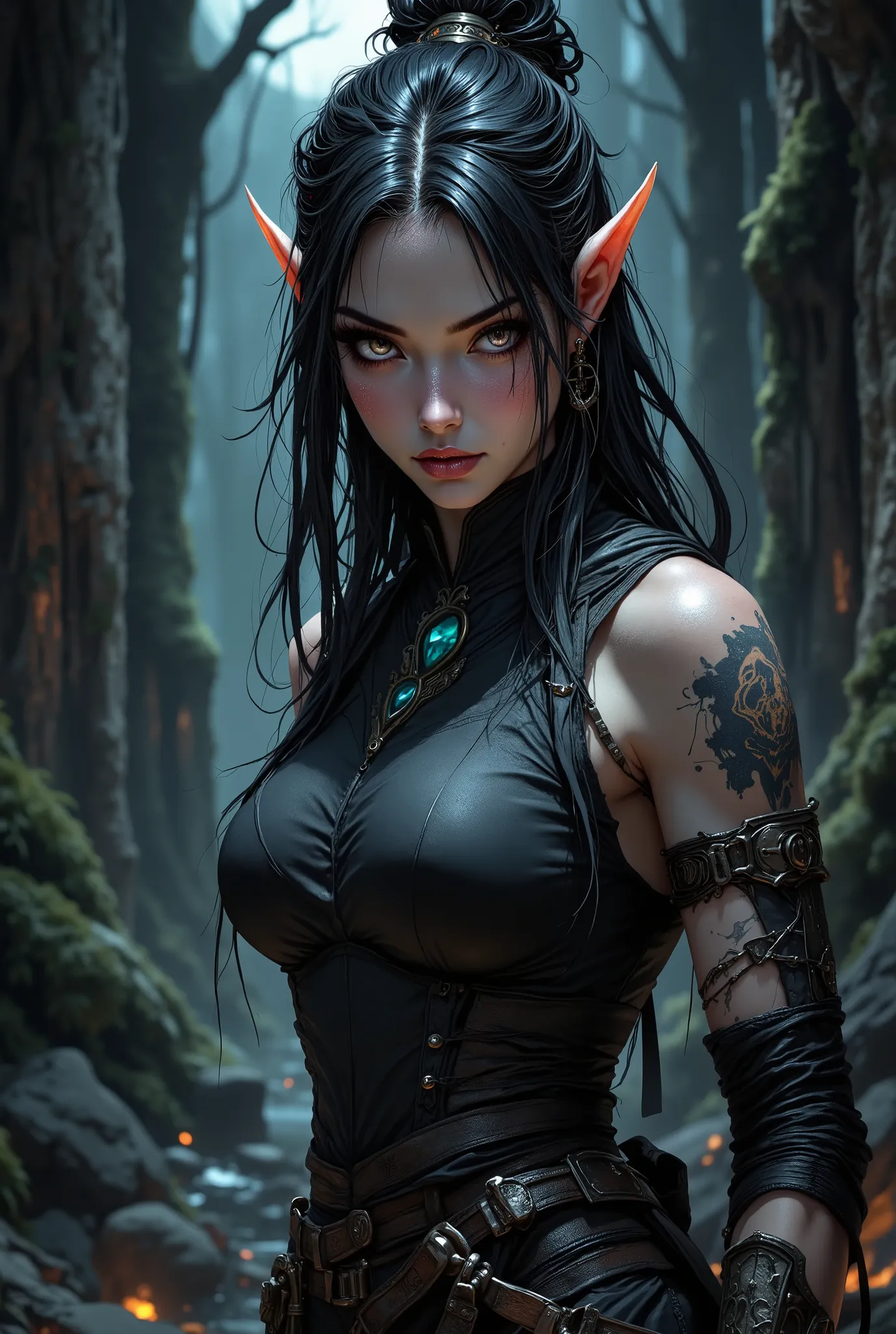 Depict a highly realistic portrait of a graceful Asian female elf ninja