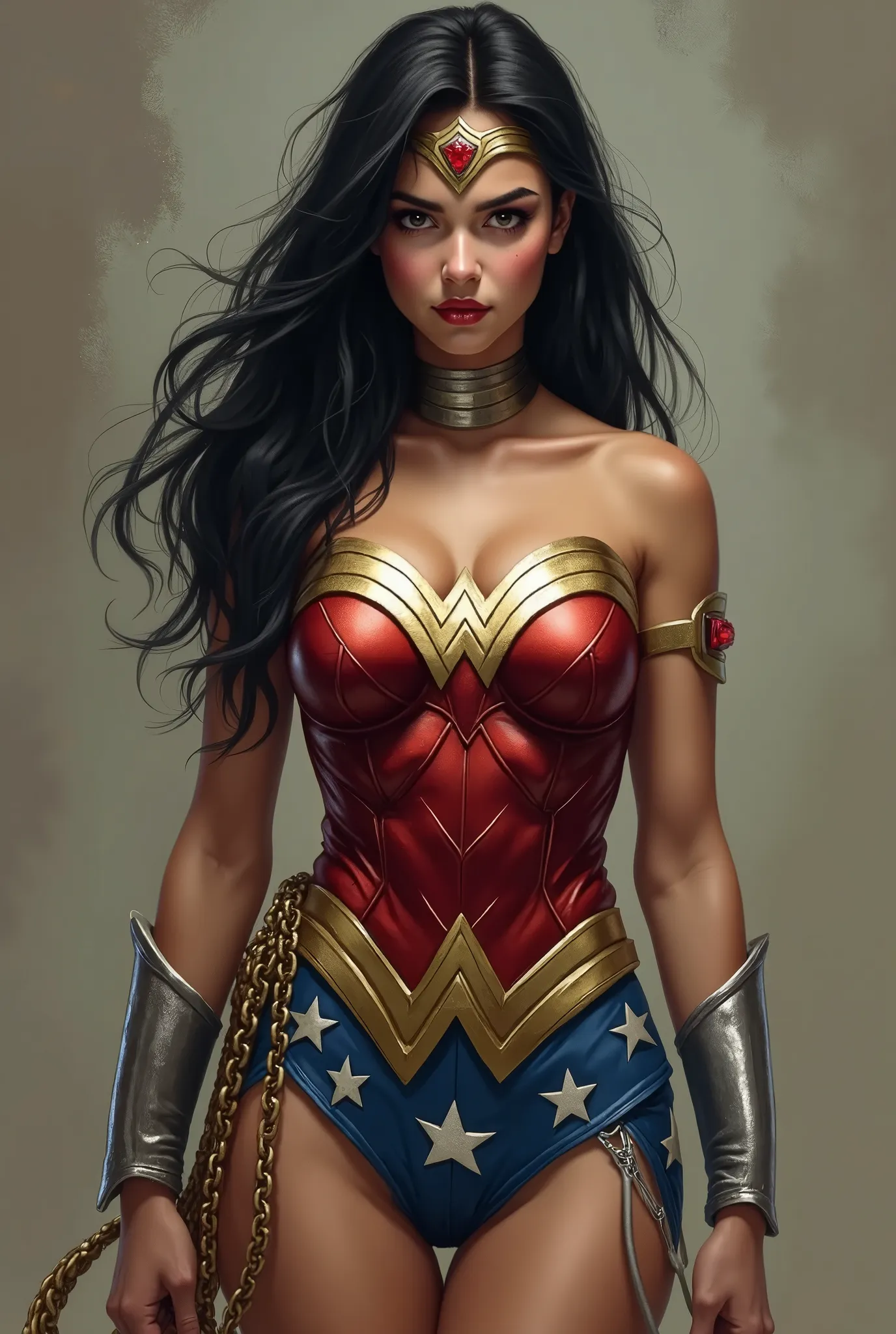 a young Hispanic woman, sporty, 1m65, long black hair, an iron collar tight around her neck, she is disguised as Wonder Woman