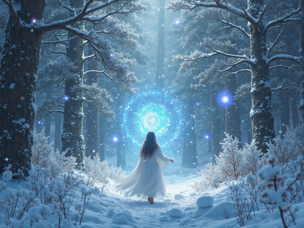 A magical snow forest, with magical energy spheres filling the atmosphere