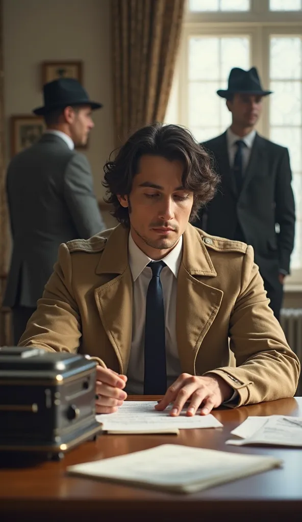  scene set in a  office. The layout features a man with light skin and dark, wavy hair sitting at a wooden desk in the foreground,   He is wearing a beige trench coat over a white shirt and tie, focused intently on a document in front of him. In the backgr...