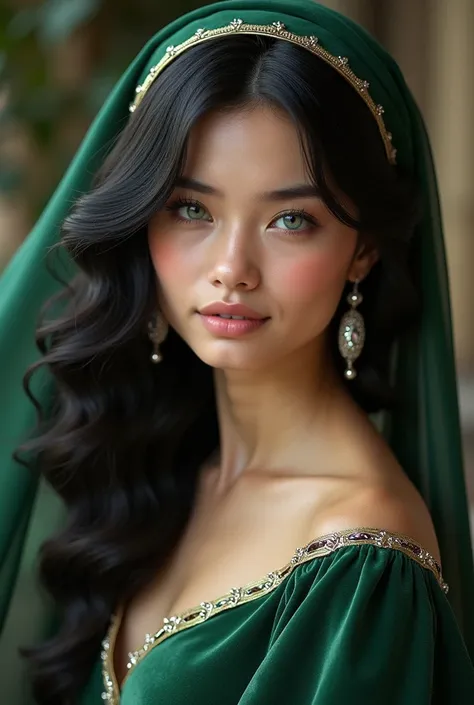 A woman with wavy black hair.  his eyes are turquoise , velvet with a gentle look and a refined and pleasant appearance. She wears a moss green dress, made of velvet with silver edges. Wear silver earrings, in green jewelry and wears a headdress over his h...