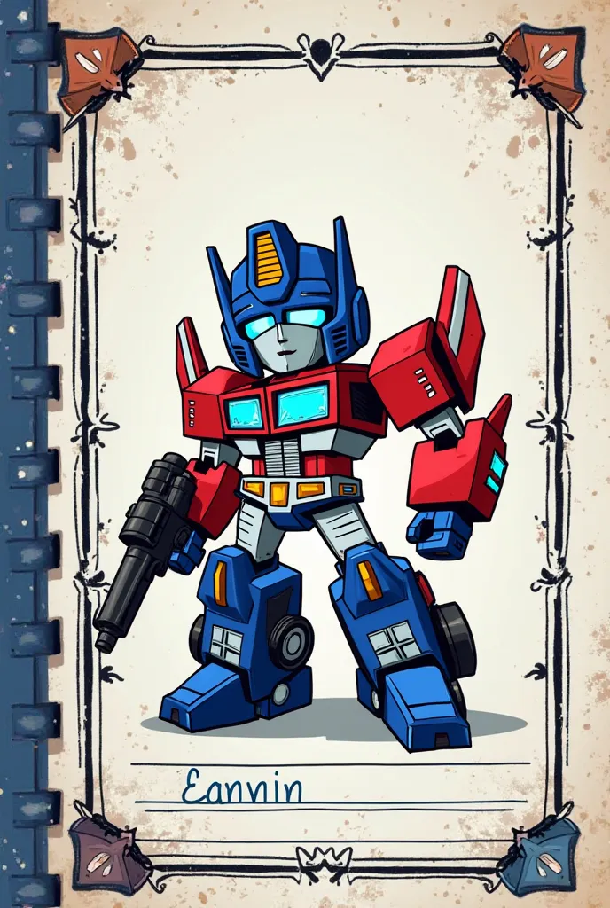 generate a frame for a school notebook include an image of Transformer One and place the name of Colegio Marco Alarcón Palomino, Name Dylan David, Spanish notebook., maestra Teresa Batista,  First Grade, and academic year 2025.