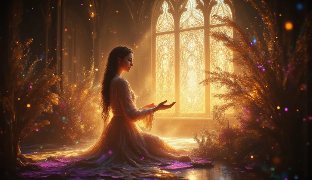 Best quality, 8k, 4k, super detailed

A peaceful chapel interior showcasing a woman in flowing robes, kneeling in prayer with outstretched hands, illuminated by golden sunlight streaming through grand arched windows. The soft light highlights her serene ex...