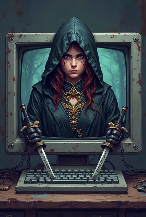 A powerful pixel art rogue appearing on the screen of an old computer from the 90s. She is a woman and has a wise and determined look. She wears a sneaky and dark outfit with gold details, , in addition to one, will mark samurai, which gives him an air of ...