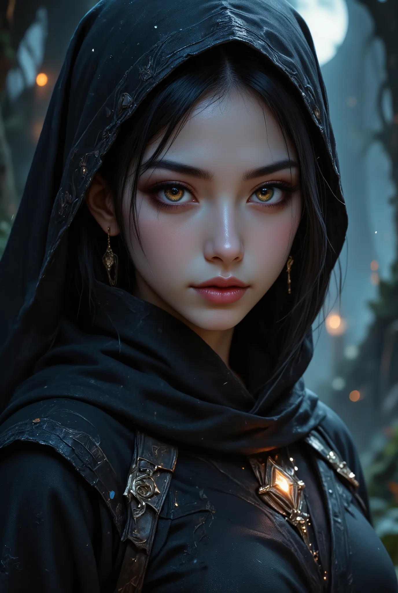 Depict a highly realistic portrait of a graceful Asian female elf ninja