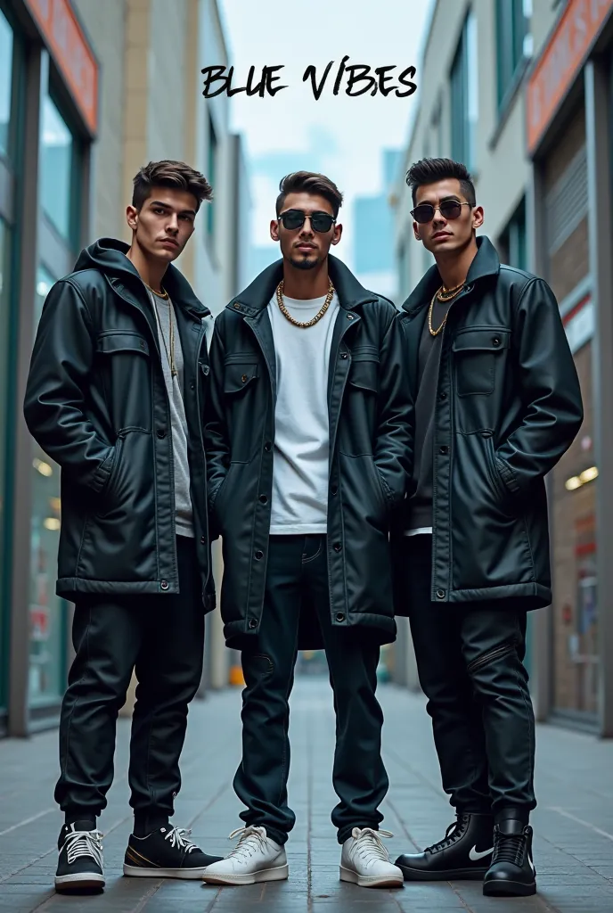 Create an image with 3 men who dress in urban style, That your clothes wear the color black and white, At the top a text that says: Blue Vibes