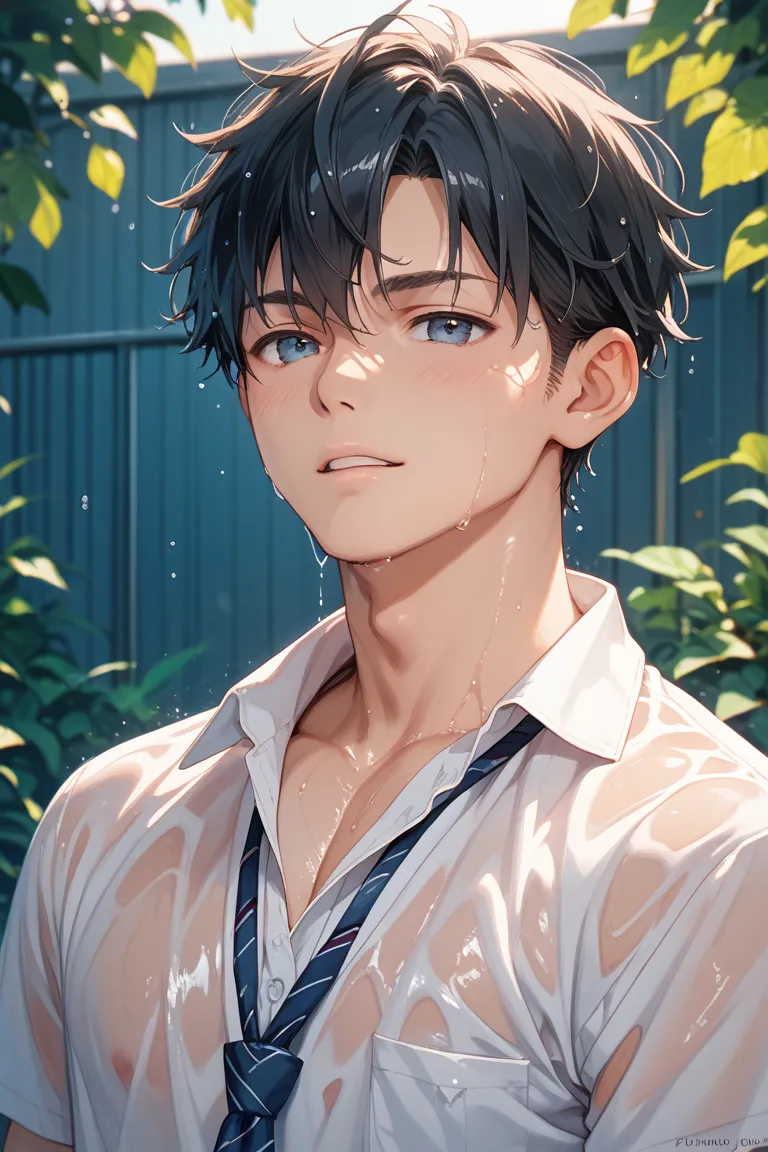 wet black haired male high school student