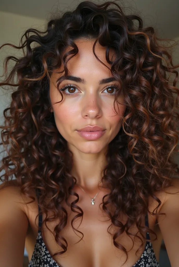 there is a woman with curly hair taking a selfie, an album cover by Amelia Peláez, tumblr, antipodeans, brown curly hair, with long curly hair, curly haired, her face framed with curls, malika favre, curly, curly brown hair, curly hair, long curly hair, lo...