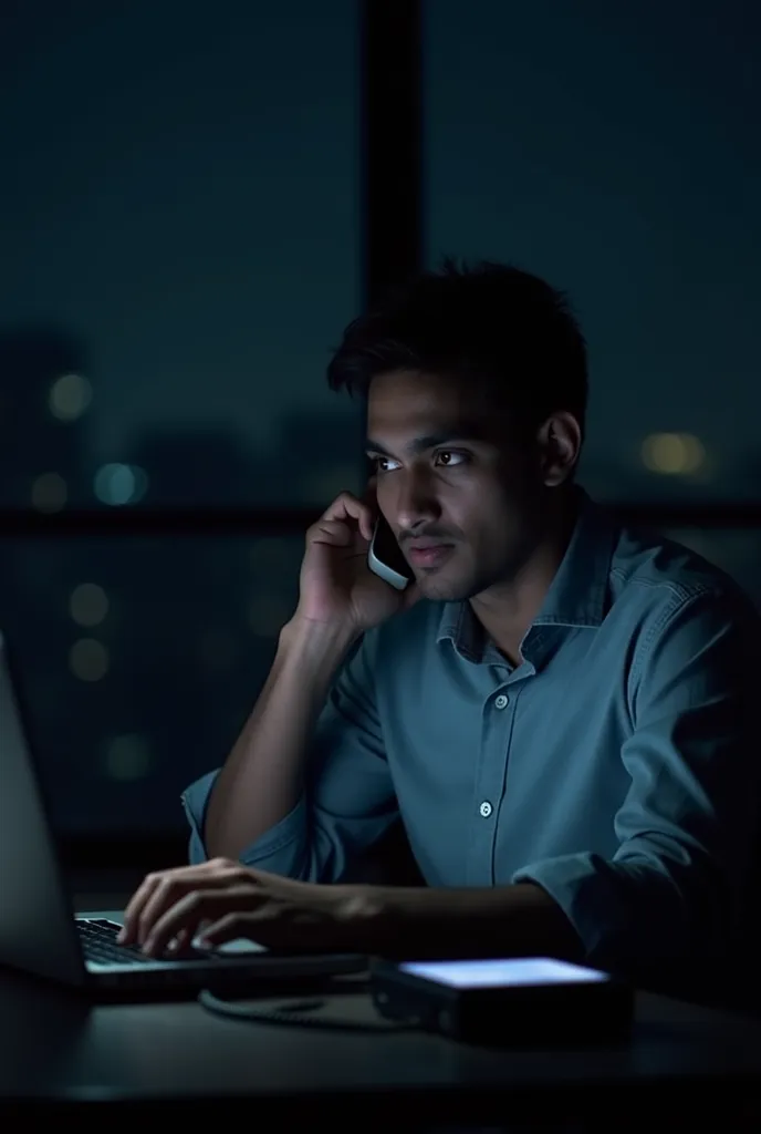 Late Night Phone Call
A young man named Rohit is sitting at his desk in a dimly lit office at 11 PM, focused on his laptop. His smartphone vibrates on the table, displaying an unknown number. His face shows confusion and slight concern. The background is d...