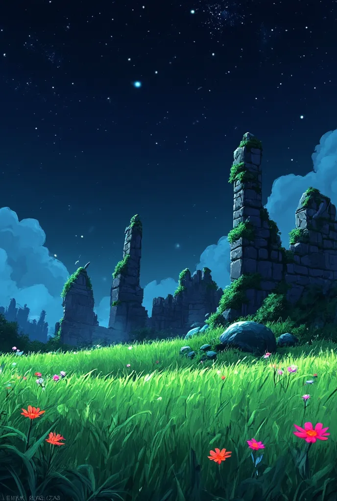 high quality,  8K Ultra HD, a field against a background of magical ruins with a black sky and a visual in the style of the animated series Arcane