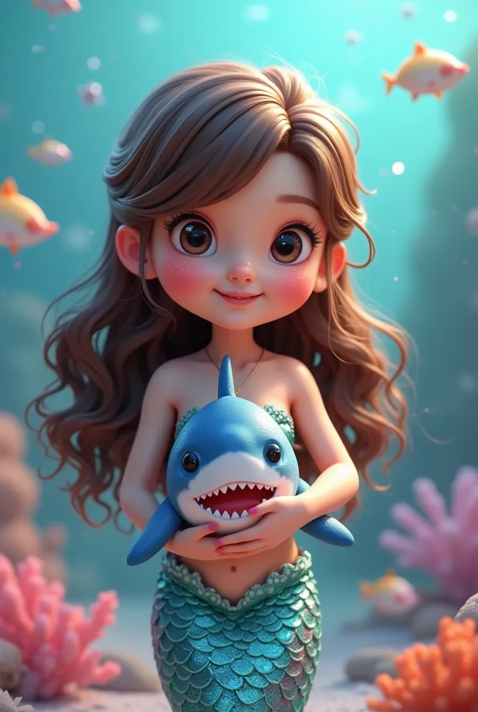 create a 3D illustration, s, long brown hair with curls and smooth bangs on the forehead, happy, Mermaid outfit and holding a cute shark, digital mascot