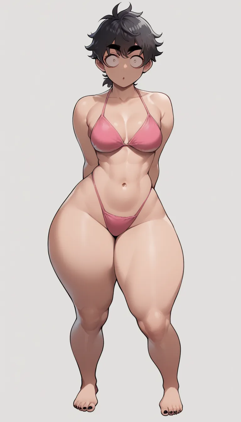 score_9, score_8_arriba, score_7_arriba, score_6_arriba,   source  _anime,   nyantcha style  , a girl, Alone , short black hair, short ponytail,   of foot,  sharp outline , Pink Bikini, medium breasts ,  thick thighs , huge thighs, wide hips, thick legs, b...