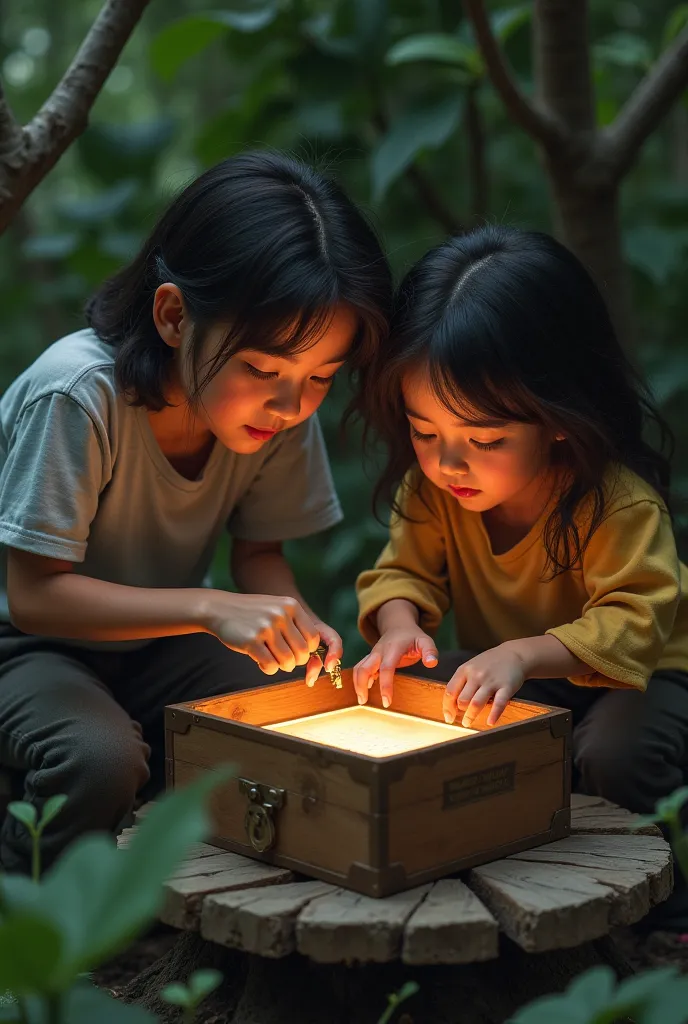 A hidden, small wooden box under the bench, with one friend holding the key and another opening the box, revealinga simple message inside.