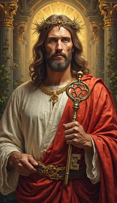 Jesus Cristo (Próspero e Elegante)

"Ultra-realistic portrait of Jesus Christ as a middle-aged man (50+ years old) with long hair. He holds a large key to a grand mansion, symbolizing abundance. He wears elegant, luxurious clothing that draws attention. Cr...