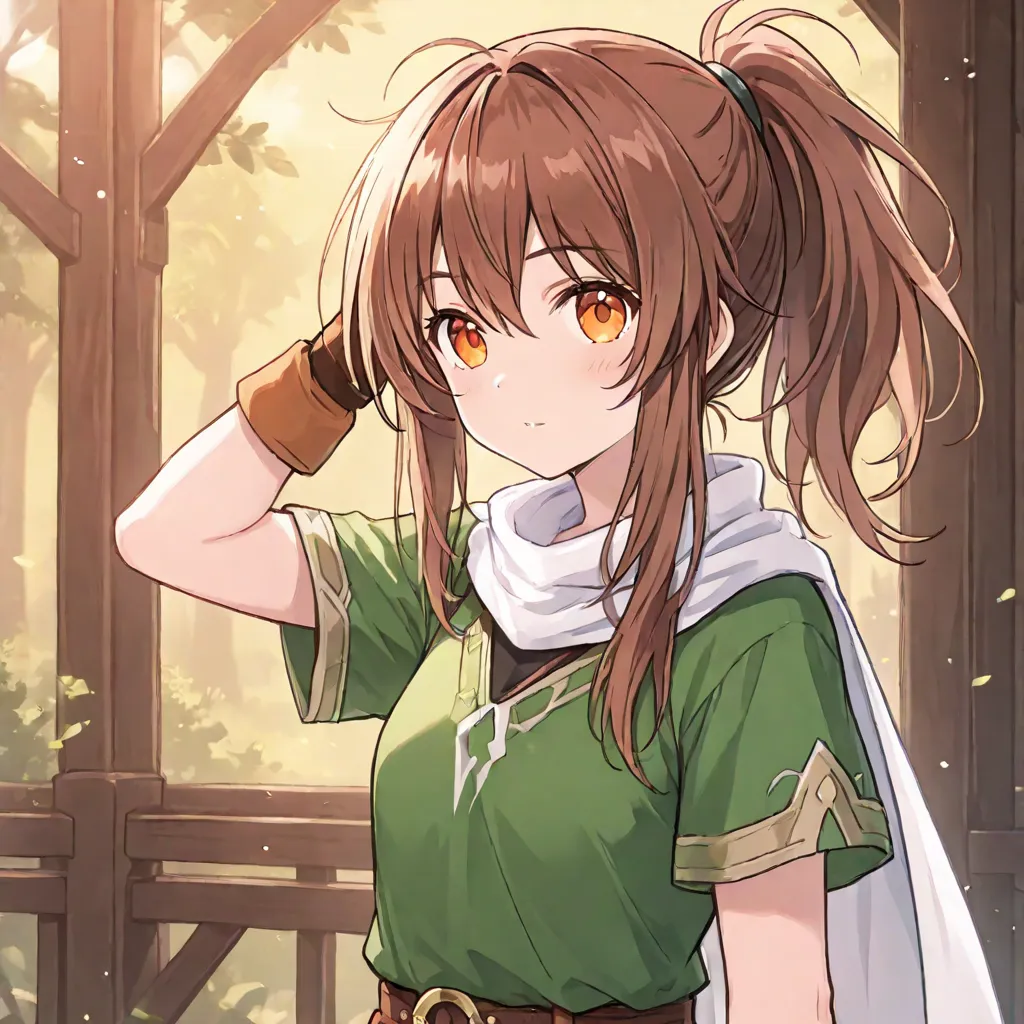 Brown hair tie ponytail，Orange eyes，Adventure in a fantasy world