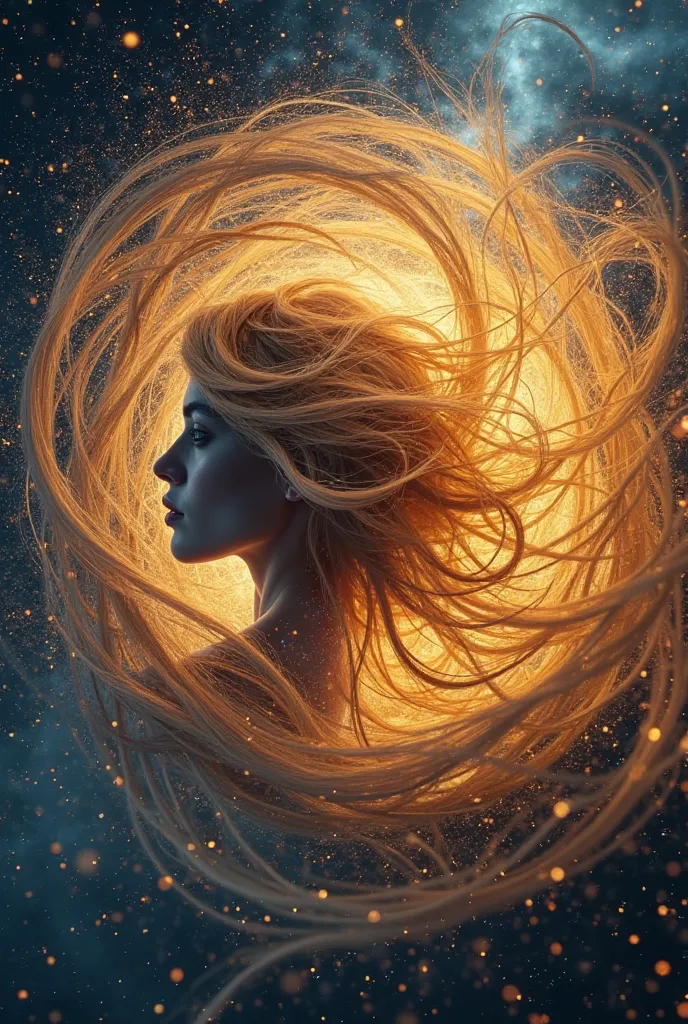 An abstract swirl formed by locks of hair spinning at high speed, creating a golden energy spiral.  At the center of the vortex , a feminine face is gradually revealed, symbolizing the complete transformation through the hair. The background is a cosmic sp...