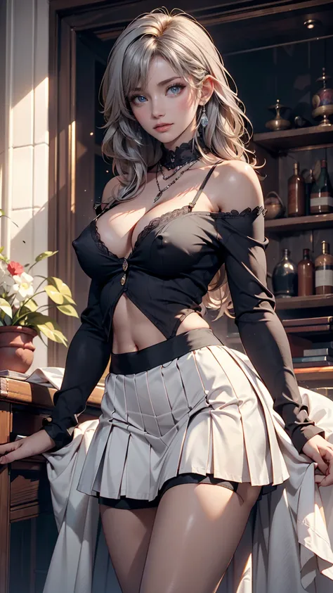 masterpiece, best quality, hidden hair, Elaina_(May_ no _gossip),  Silver Hair, purple eyes, long hair、 Oversized Off Shoulder Tops(nipple erection、showing nipples)、low-rise micro mini pleated skirt、pin heels、 erotic、Sexy proportions
