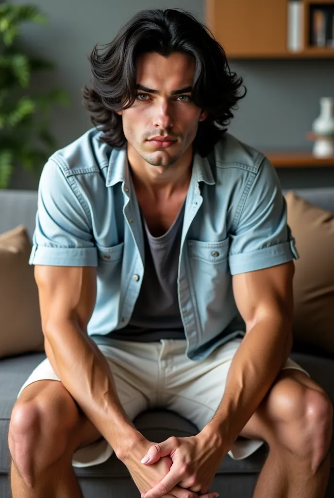 man, Realistic,  White , layered black hair,  very green eyes , shoulder length hair shirt, Muscular, camisa jeans, white shorts, brown mocacino shoe, sitting on the edge of the couch in the living room, full body, green eyes.