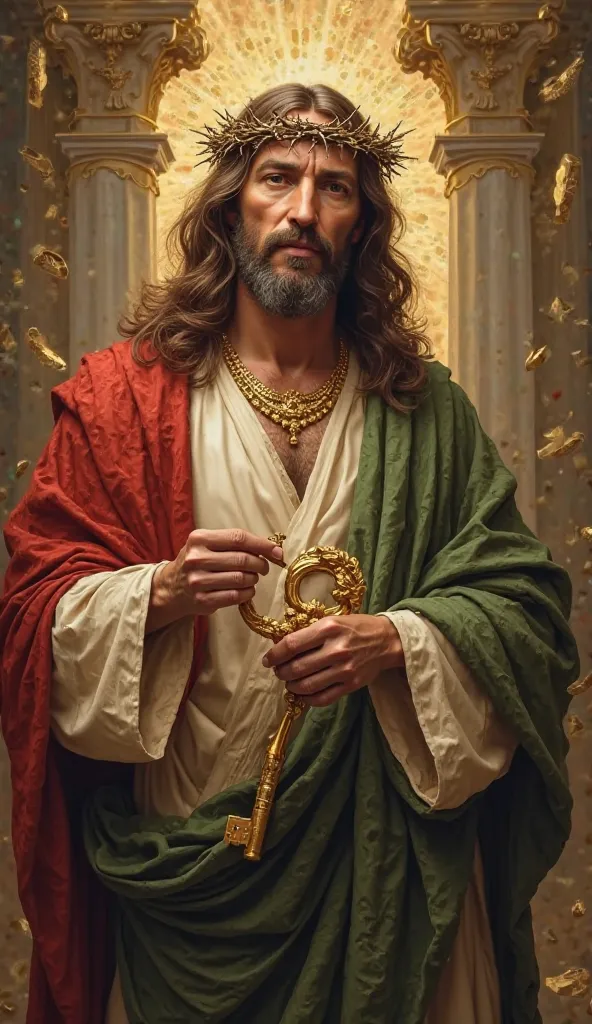 Jesus Cristo (Próspero e Elegante)

"Ultra-realistic portrait of Jesus Christ as a middle-aged man (50+ years old) with long hair. He holds a large key to a grand mansion, symbolizing abundance. He wears elegant, luxurious clothing that draws attention. Cr...