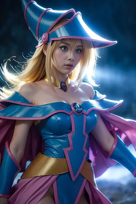 A dark magician girl,  leaving a magic circle ,  mystical magic background , sensual pose,  Dark hearts in the air , detailed face, detailed eyes, detailed lips,  Armor adorned with jewels,  glowing magical energy , dramatic lighting, cinematographic compo...