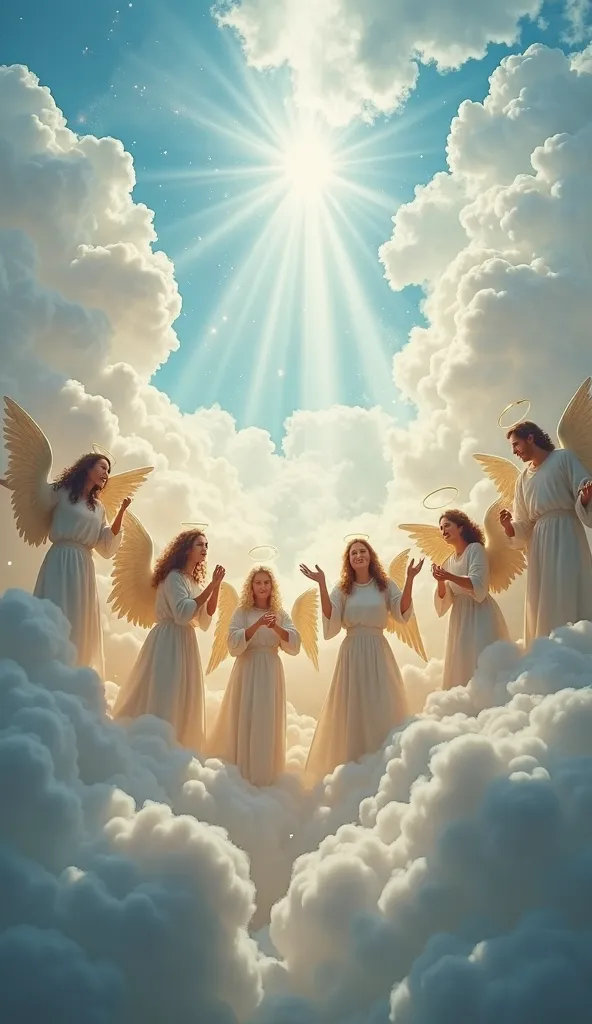 party in heaven (Metaphorical):
*"Celestial and symbolic image representing joy in heaven for the salvation of a sinner. Serene and radiant looking angels are gathered in an ethereal environment, surrounded by white, translucent clouds that float gently in...