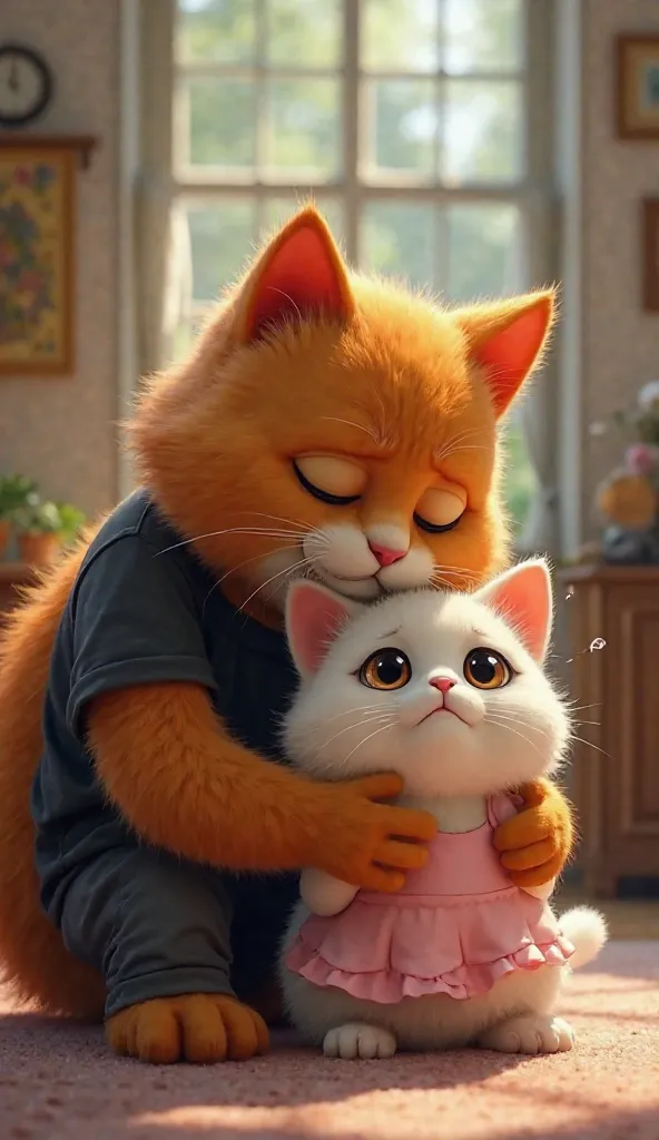 two anthropomorphic cats in a strong emotional atmosphere. The large orange furry male cat wearing a black t-shirt and black pants with a sad and affectionate expression squats while he caresses the head of a small white fluffy cat. The little cat appears ...