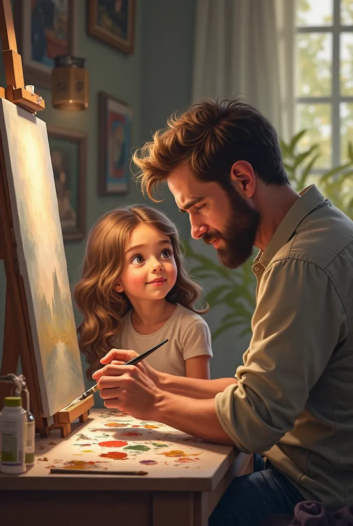 A girl looking at his father while he is painting 