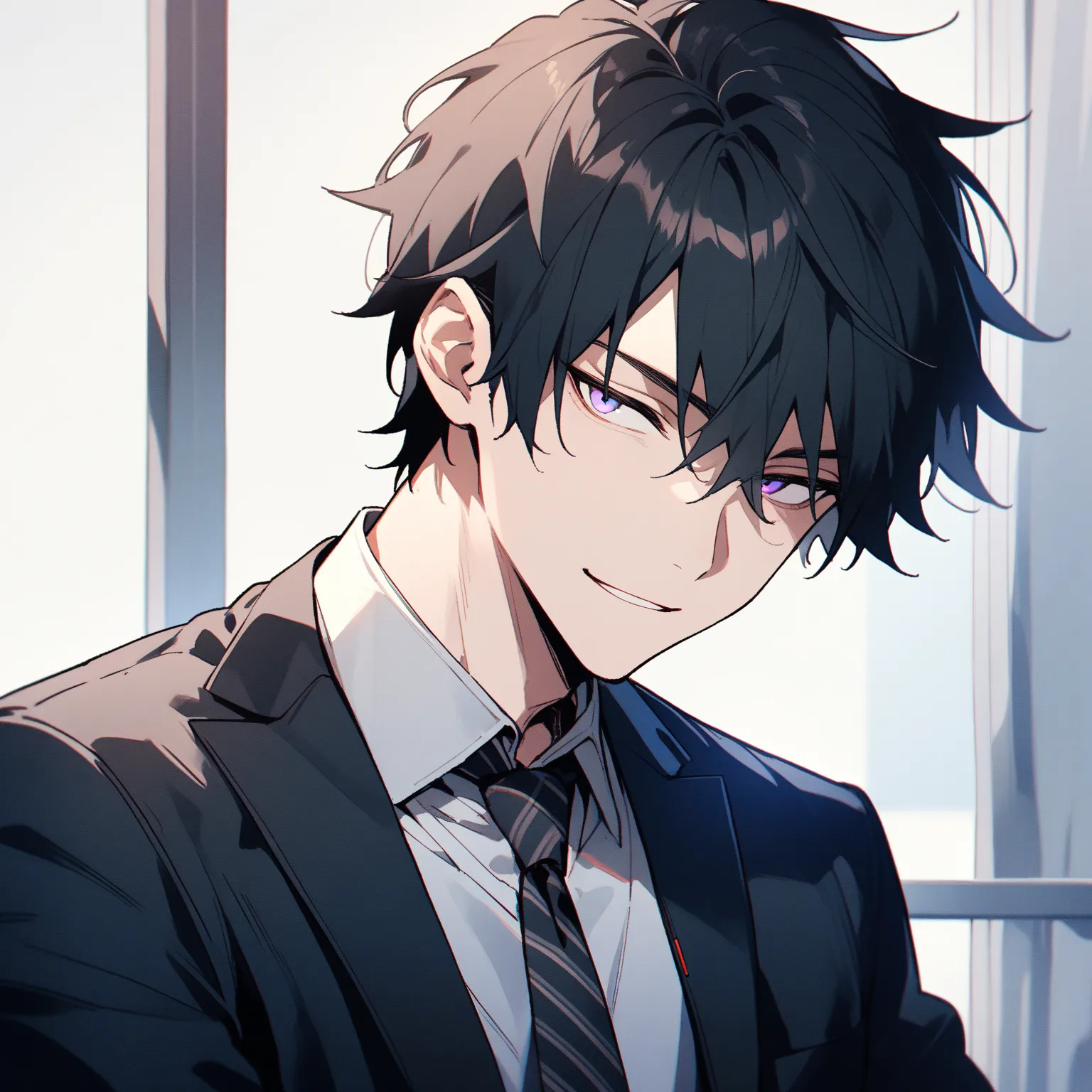 ４０Teenage male solo, turns her gaze,  black hair, high image quality during sick leave、 muscular、seductive smile, gradation colored eyes, suit、tie、handsome、 office、