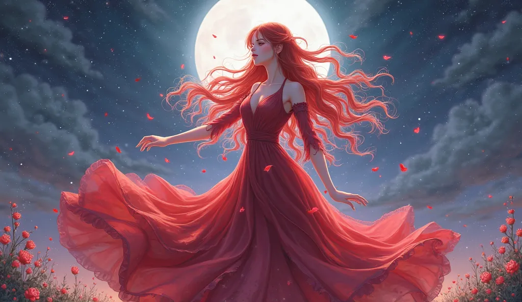 Woman Red Dress Red Long Hair Dancing Under Moonlight Anime