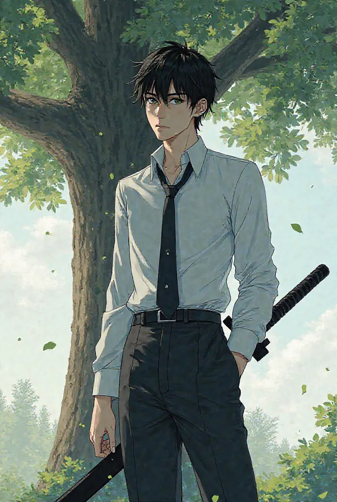 A handsome, 20-year-old male character, 170cm tall, Japanese, 170cm tall, muscular, white skin, shiny black hair, wearing a suit.,in a white shirt with long sleeves, long black pants, under a tree with a black one-handed sword, 100 cm long..Number 1 is nex...