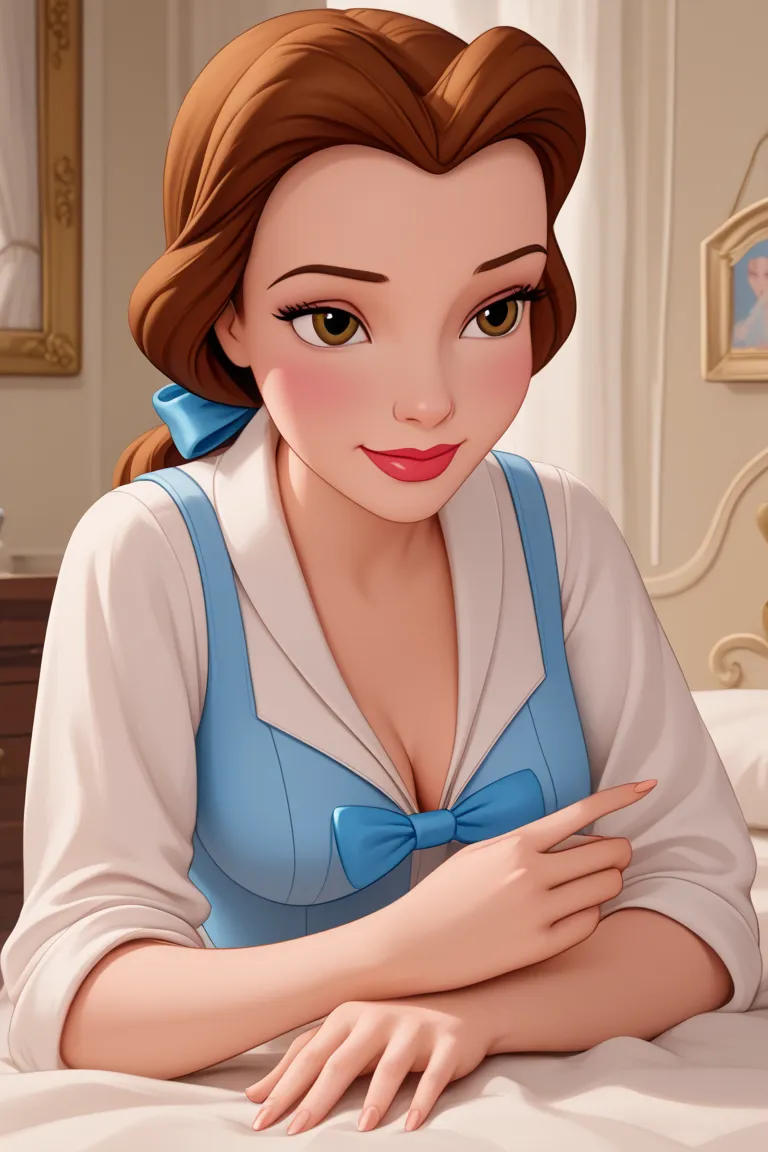 Full body shot closed up to her toes, Disney 3D render, BREAK Belle, 1girl, porcelain doll, solo, brown hair, brown eyes, foot, naughty face, breasts and nipples, soles, smiling, small-medium beautiful feet, blue bow, ponytail, smooth skin, Belle vistiendo...