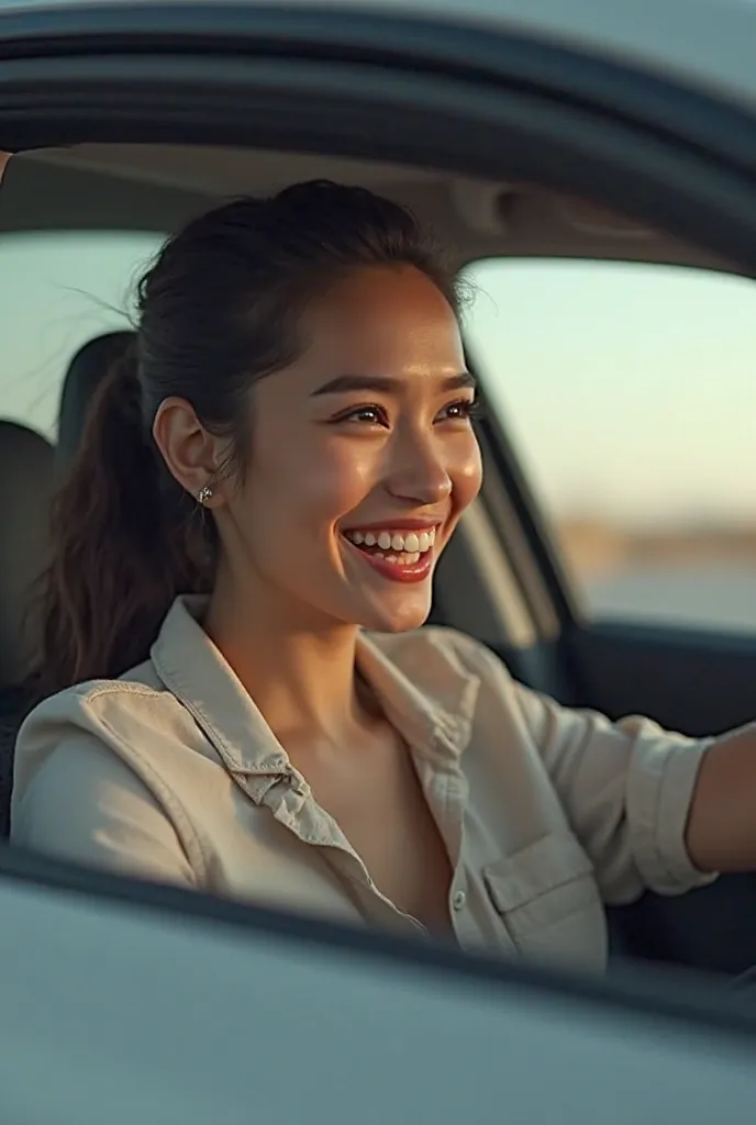 Chat I want the ultra realistic photo of a super happy woman with a wide and confident smile driving 