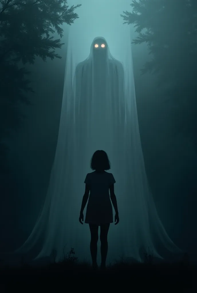 Dark, misty background with a shadowy house barely visible behind trees.

A thin, ghostly veil floating in the air, almost blending into the fog.

Faint glowing eyes peering from the darkness.

A silhouette of a girl standing at the edge, as if she’s about...