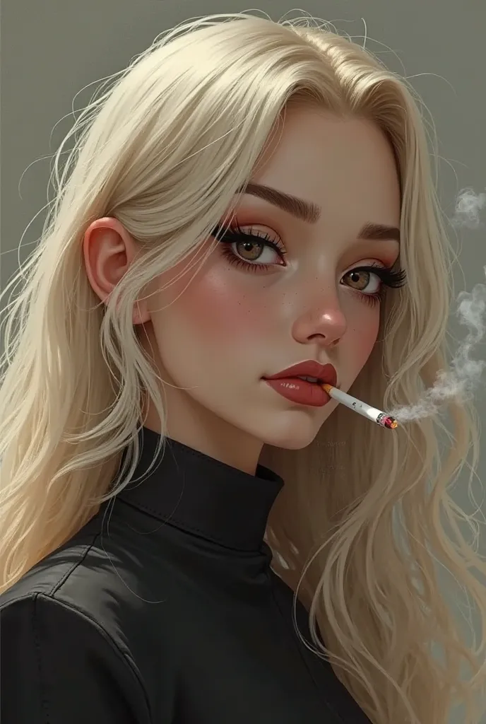 Baddie animated girl with pale skin, long blonde hair. She has light brown eyes and wear black makeup. She has a thin nose and thin lips. She's smoking a cigarette 