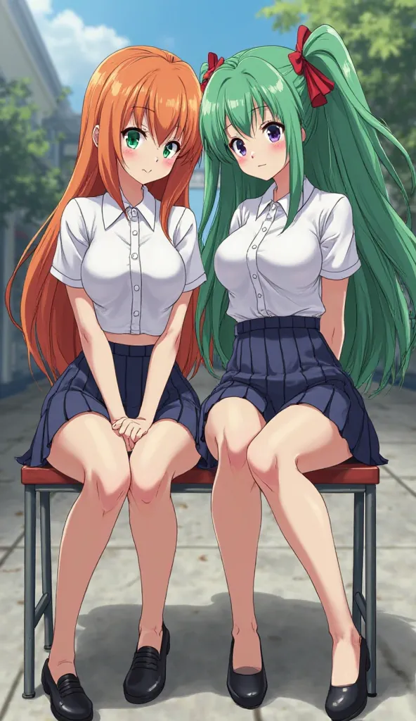 Anime Two beautiful voluptuous women, one with orange hair and one with green hair, sexy schoolgirl, white short-sleeved t-shirt, collared shirts, big breasts, exaggeratedly short dark blue pleated miniskirt, sitting on a chair, black shoes, in the school ...