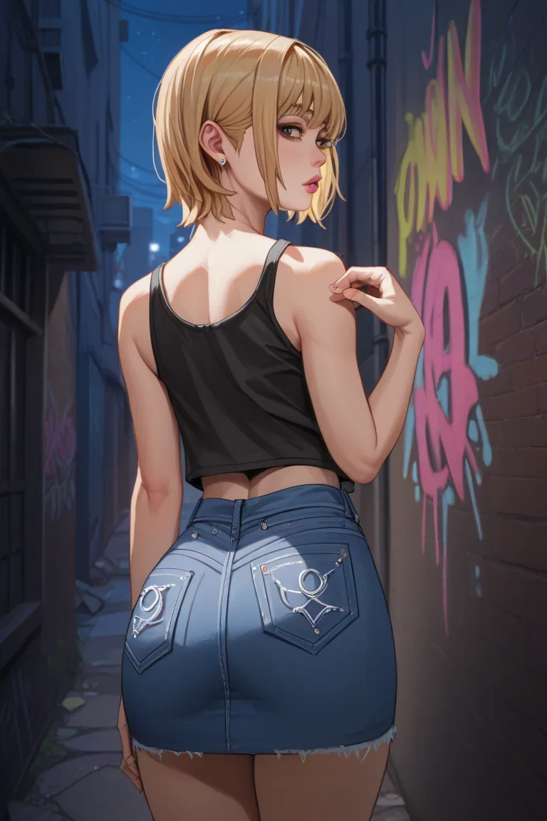 1 Korean femboy, short straight blonde hair with bangs, voluptuous, black tank top, denim skirt, looking over shoulder, pink lips, flat chest, dark alley, peeling walls and graffiti, night, back pov