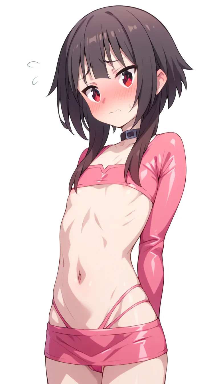 megumin, short hair, black hair, red eyes, short hair with long locks, flat chest, posing embarrassed, red face, blush, micro skirt, thong peek, no bra, tight pink latex top, White background