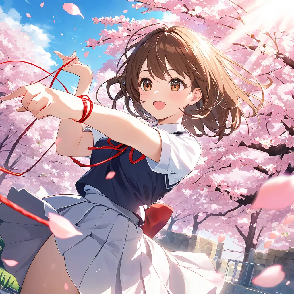 with an anime-style taste、A woman with short brown hair wearing a high school uniform、A thin red thread wrapped around a finger、Taguri Yoseru、Under the bright sunlight、cherry blossom petals dancing