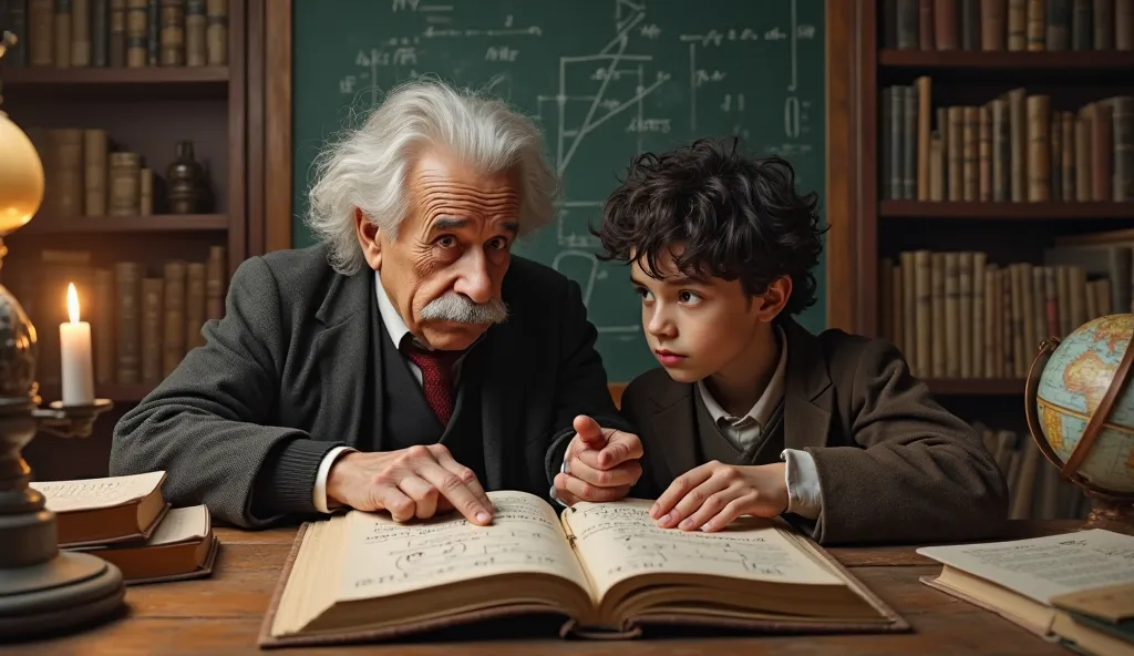 masterpiece, ultra quality, 8k UHD, best quality, highly detailed, cinematic lighting, hyper-realistic, vibrant colors, photorealistic textures
(main subject: a  Albert Einstein sitting at a wooden desk, his uncle Jakob beside him, passionately explaining ...