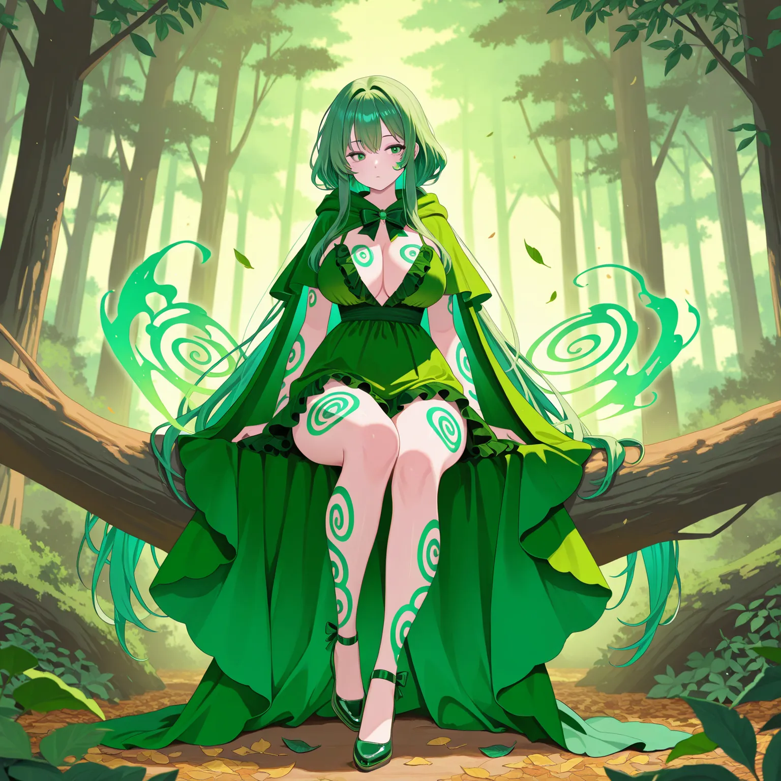 1 girl, Emerald green eyes, Pastel green long hair filled with flowers and leaves , Large breasts, Thick tighs, Spiral neon green tattoos on her body, beautiful ruffled dress with nature decorations and leave accesories, Green cloak with a bowtie, fancy sh...